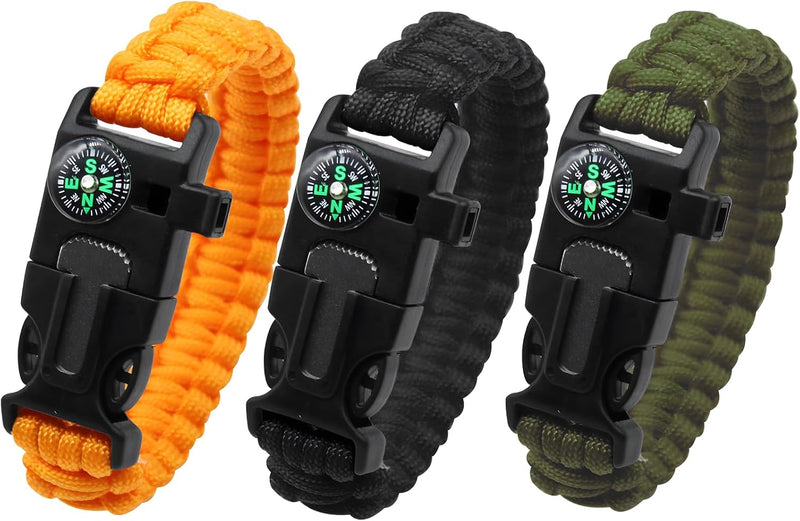 aiGear 3-Pack Survival Paracord Bracelets — Compass, Whistle & Fire Starter