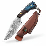 Damascus Steel Outdoor Fixed Blade Knife with Leather Sheath