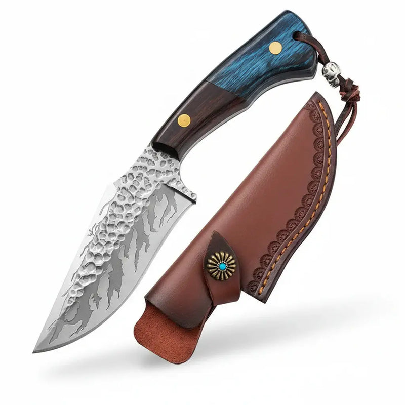 Damascus Steel Outdoor Fixed Blade Knife with Leather Sheath