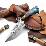 Damascus Steel Outdoor Fixed Blade Knife with Leather Sheath