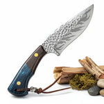 Damascus Steel Outdoor Fixed Blade Knife with Leather Sheath